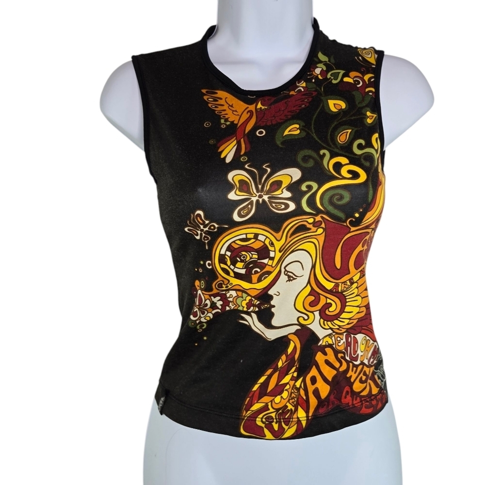 Vtg 90s Y2k Miss Sixty Mod Psychedelic Sleeveless Crop Tank - Picture 2 of 12